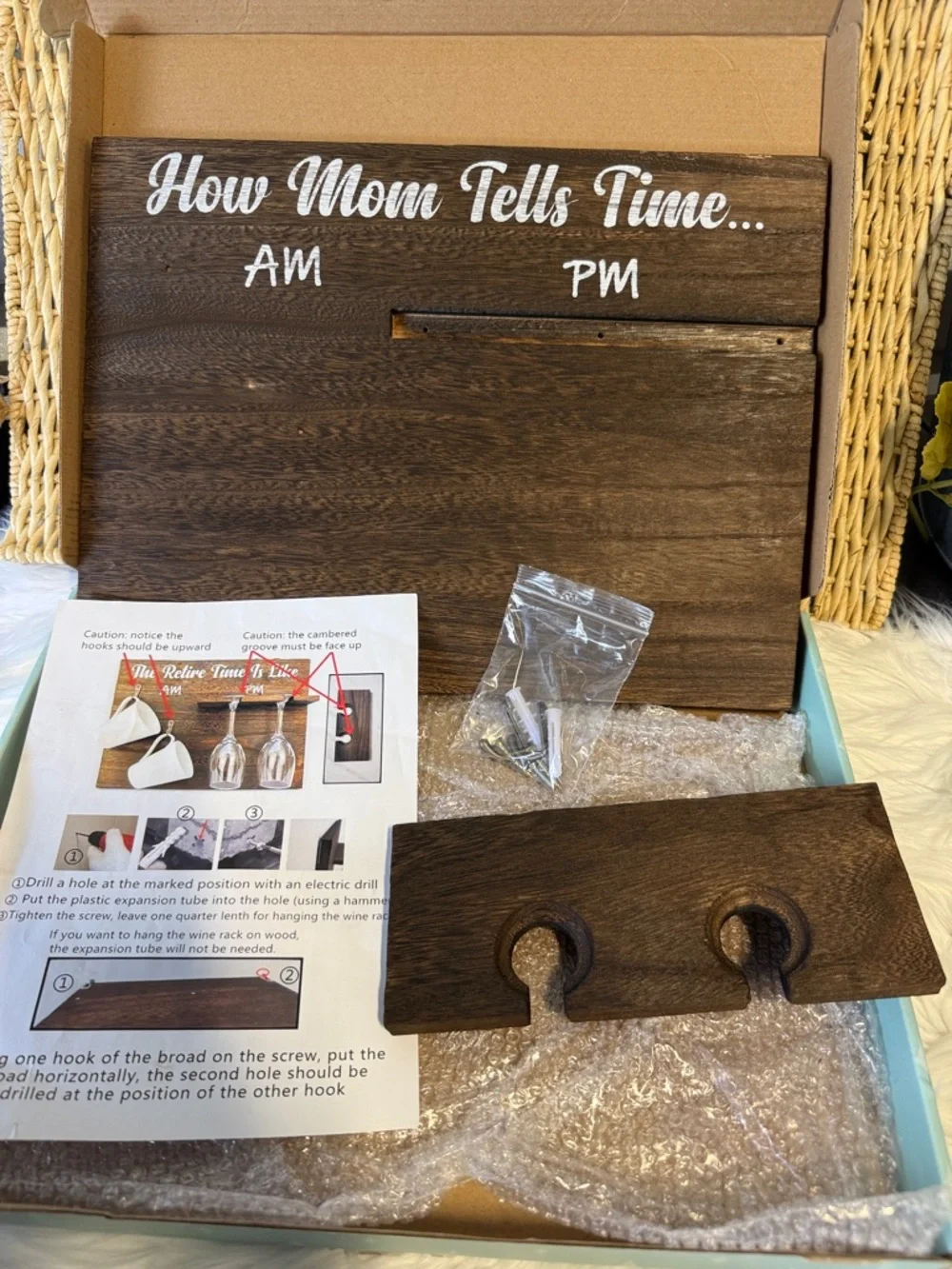 How Mom Tells Time Wooden Wall Wine Glass Holder Sign - White on Dark Brown Wood